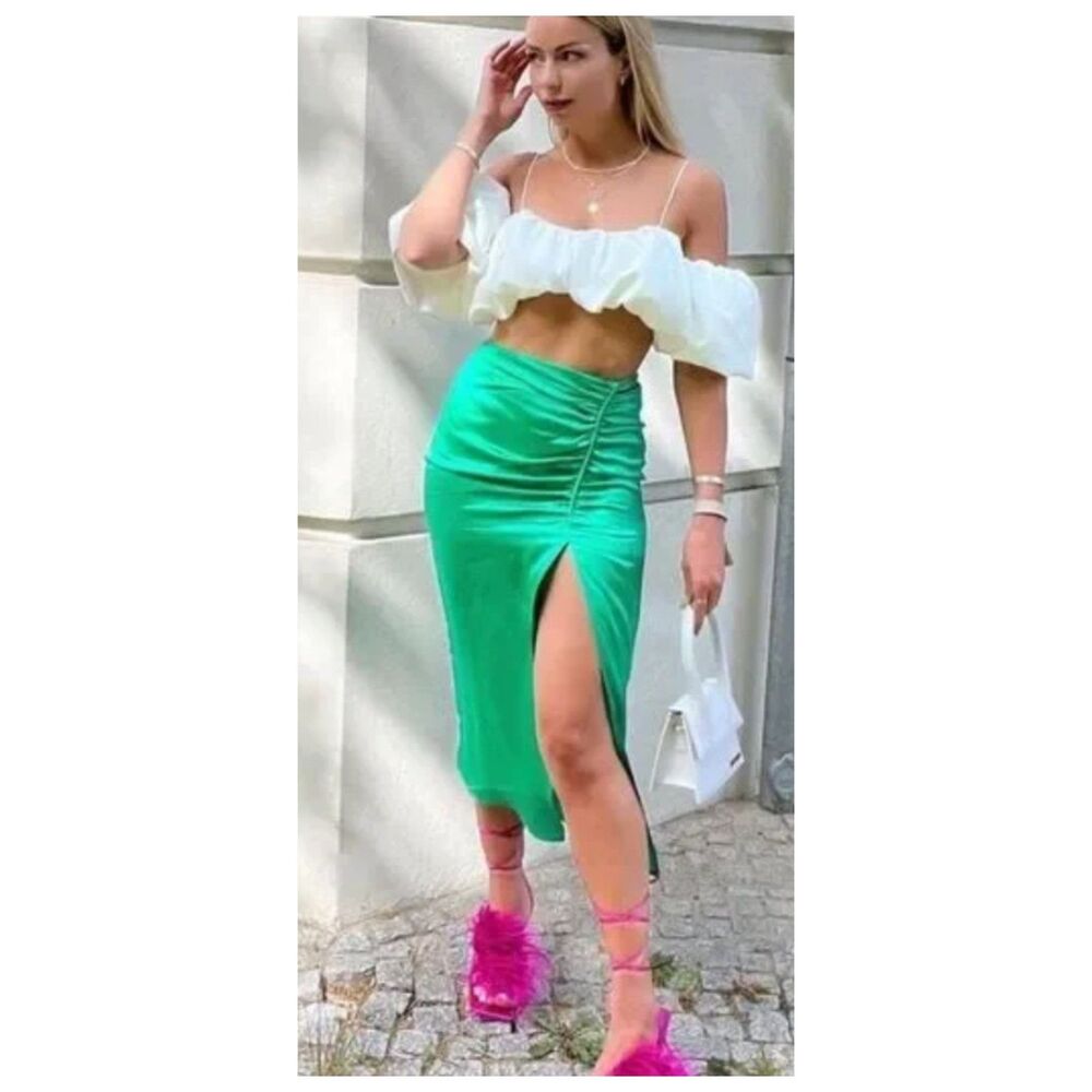 ZARA Satin Effect Ruched Midi Green Skirt